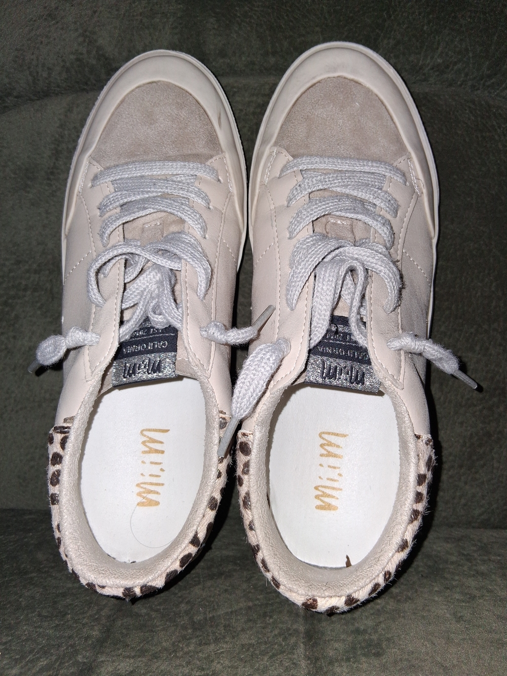 Mi.iM Beige and Gray Leather & Suede Sneakers with Leopard Heel Trim